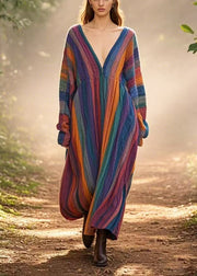 Boho Rainbow Oversized Striped Cotton Long Dresses Spring