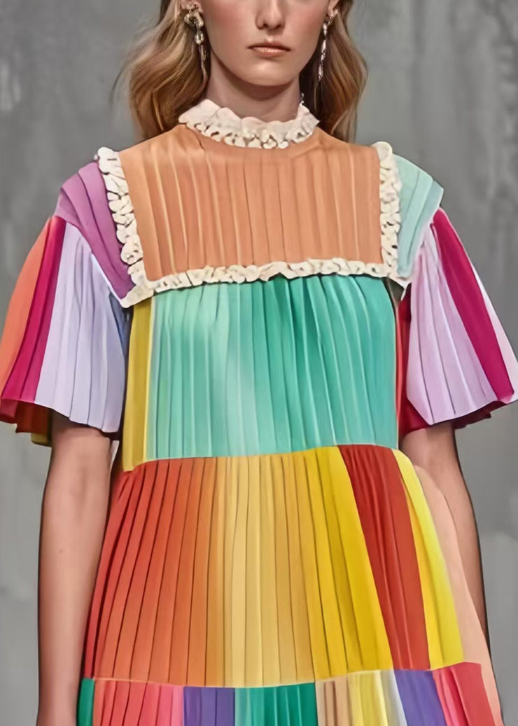 Boho Rainbow Ruffled Patchwork Wrinkled Chiffon Mini Dress Summer