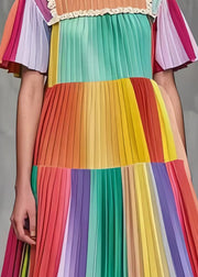 Boho Rainbow Ruffled Patchwork Wrinkled Chiffon Mini Dress Summer