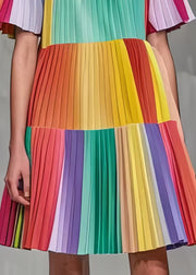 Boho Rainbow Ruffled Patchwork Wrinkled Chiffon Mini Dress Summer