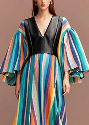 Boho Rainbow Striped Patchwork PU Cotton Maxi Dresses Flare Sleeve