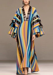 Boho Rainbow Striped Patchwork PU Rivet Cotton Maxi Dresses Fall