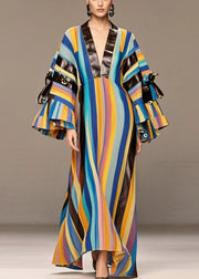 Boho Rainbow Striped Patchwork PU Rivet Cotton Maxi Dresses Spring