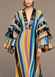 Boho Rainbow Striped Patchwork PU Rivet Cotton Maxi Dresses Spring