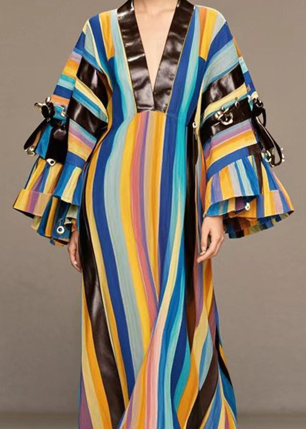 Boho Rainbow Striped Patchwork PU Rivet Cotton Maxi Dresses Fall