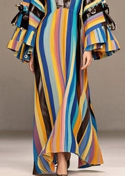 Boho Rainbow Striped Patchwork PU Rivet Cotton Maxi Dresses Spring