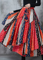 Boho Red Asymmetrical Patchwork Cotton Skirt Spring