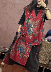 Boho Red Asymmetrical Print Patchwork Cotton Waistcoat Sleeveless