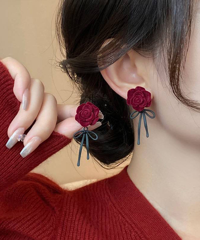 Boho Red Copper Alloy Rose Bow Flocking Stud Earrings