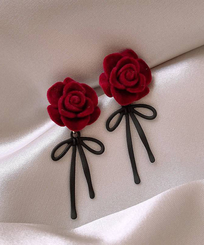 Boho Red Copper Alloy Rose Bow Flocking Stud Earrings