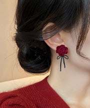 Boho Red Copper Alloy Rose Bow Flocking Stud Earrings