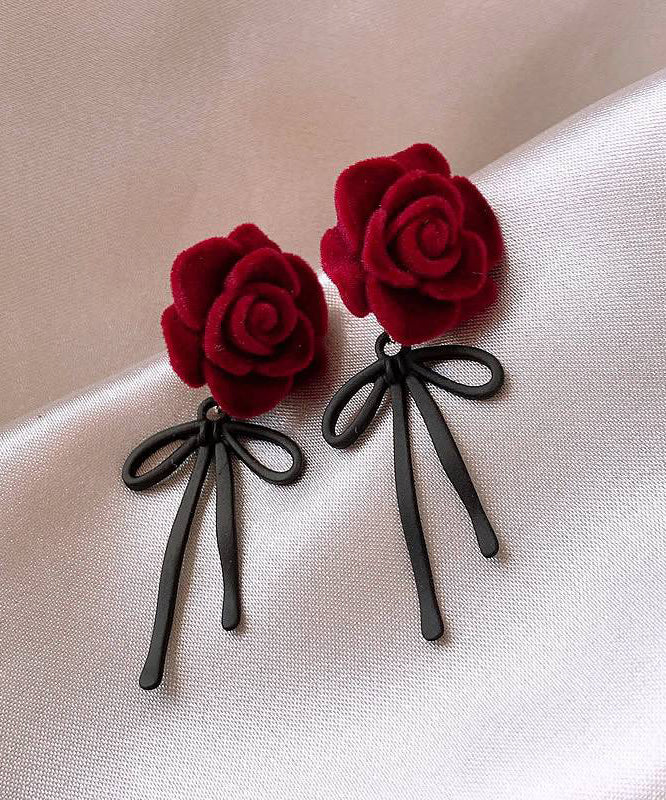 Boho Red Copper Alloy Rose Bow Flocking Stud Earrings