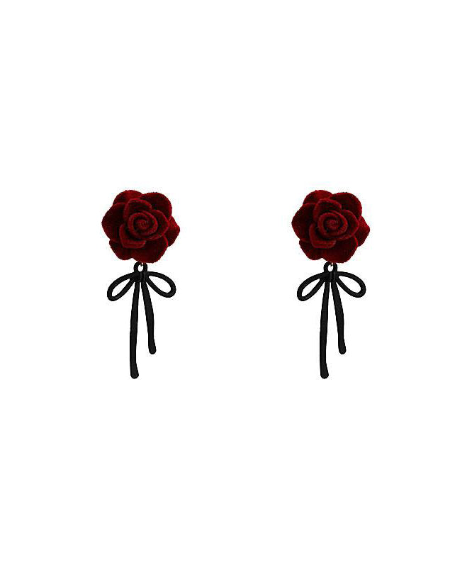 Boho Red Copper Alloy Rose Bow Flocking Stud Earrings