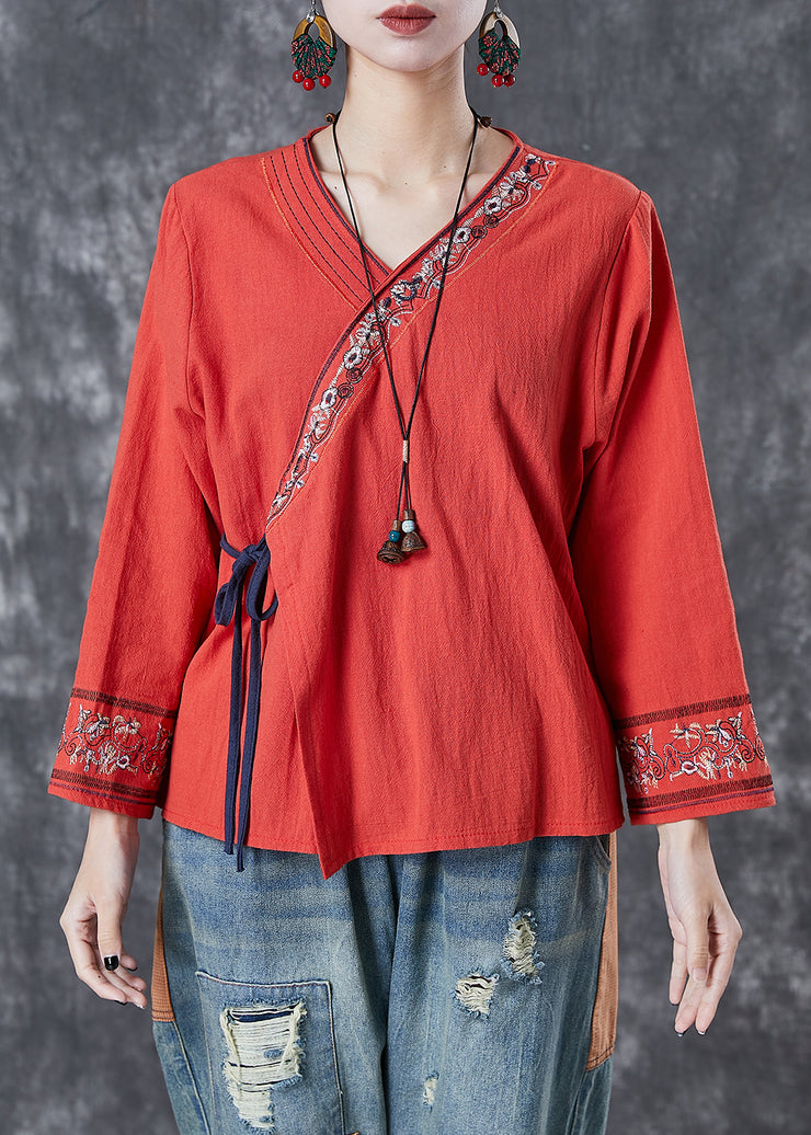 Boho Red Embroidered Lace Up Linen Blouse Top Summer
