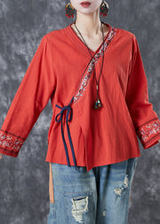 Boho Red Embroidered Lace Up Linen Blouse Top Summer