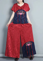 Boho Red Embroidered Tops And Pants Silk Two Piece Set Summer