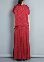 Boho Red Embroidered Tops And Pants Silk Two Piece Set Summer