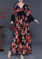 Boho Red Floral Patchwork Chiffon Maxi Dresses Fall