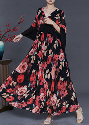 Boho Red Floral Patchwork Chiffon Maxi Dresses Fall