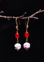 Boho Red Gem Fine Lotus Flower Stone Drop Earrings
