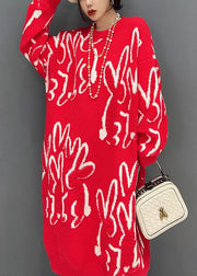 Boho Red O Neck Animal Jacquard Knit Sweater Dress Winter