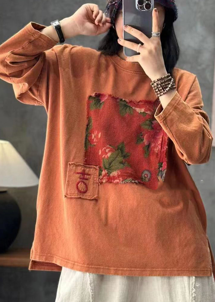 Boho Red O Neck Applique Cotton T Shirt Tops Long Sleeve