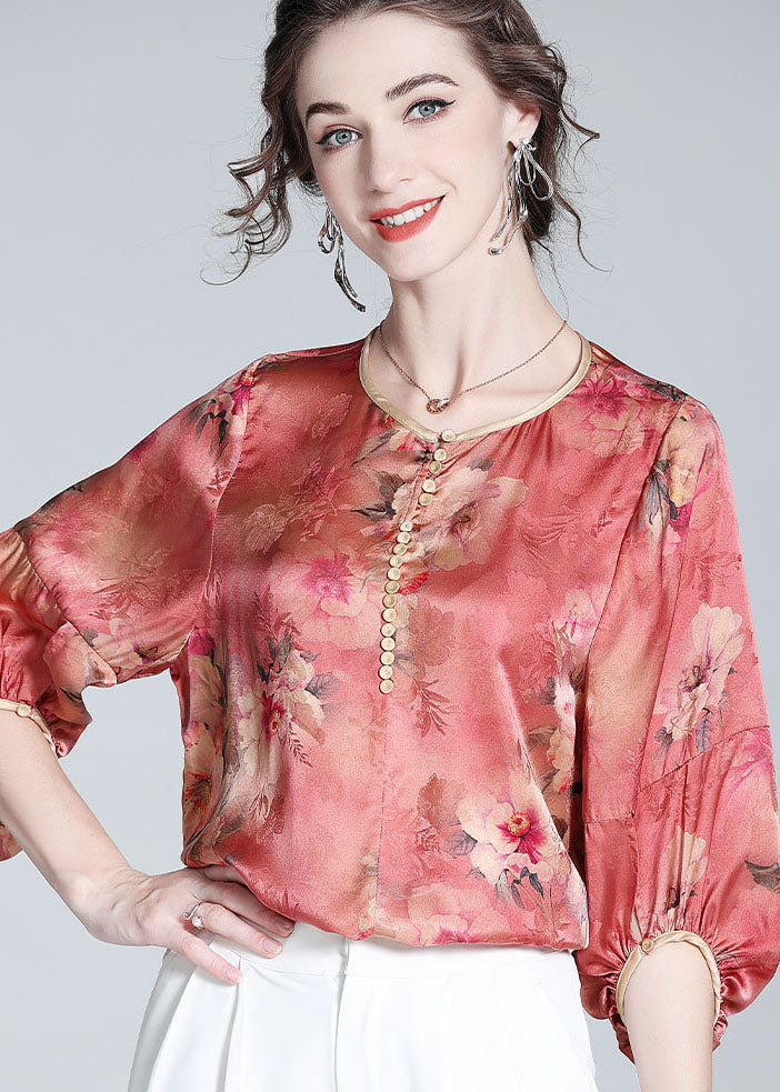 Boho Red O Neck Floral Print Silk Blouse Top Bracelet Sleeve