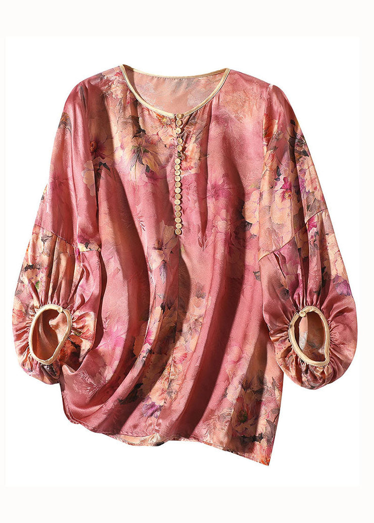 Boho Red O Neck Floral Print Silk Blouse Top Bracelet Sleeve