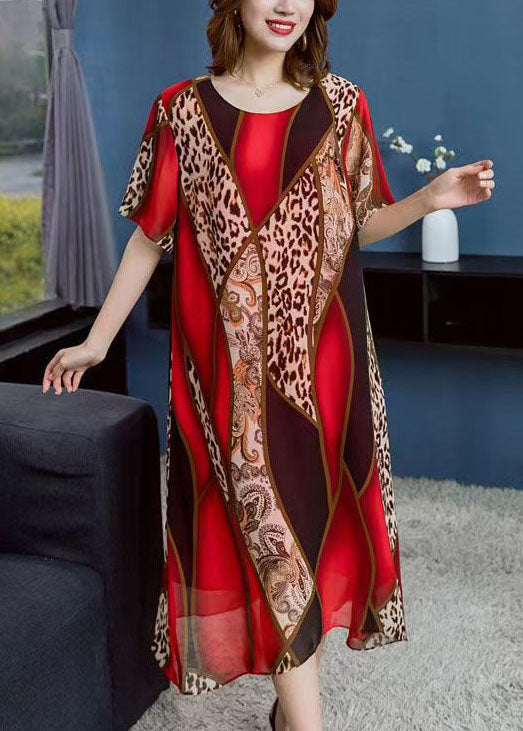 Boho Red O Neck Leopard Print Patchwork Chiffon Dress Summer