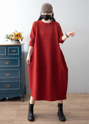 Boho Red O-Neck Patchwork Plaid Warm Fleece Dress Winter