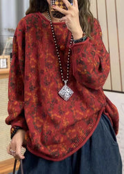 Boho Red O Neck Print Cotton Knit Loose Sweaters Top Spring