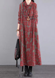 Boho Red Peter Pan Collar Print Patchwork Cotton Long Dress Fall