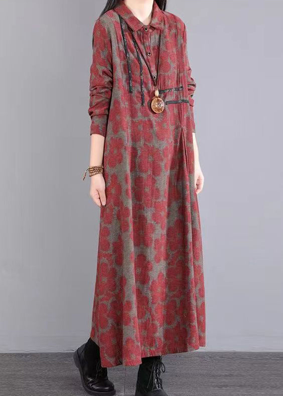 Boho Red Peter Pan Collar Print Patchwork Cotton Long Dress Fall