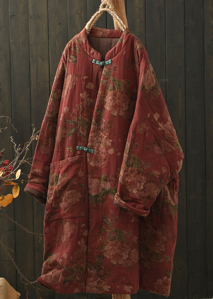 Boho Red Pockets Print Oriental Button Fine Cotton Filled Coat Winter