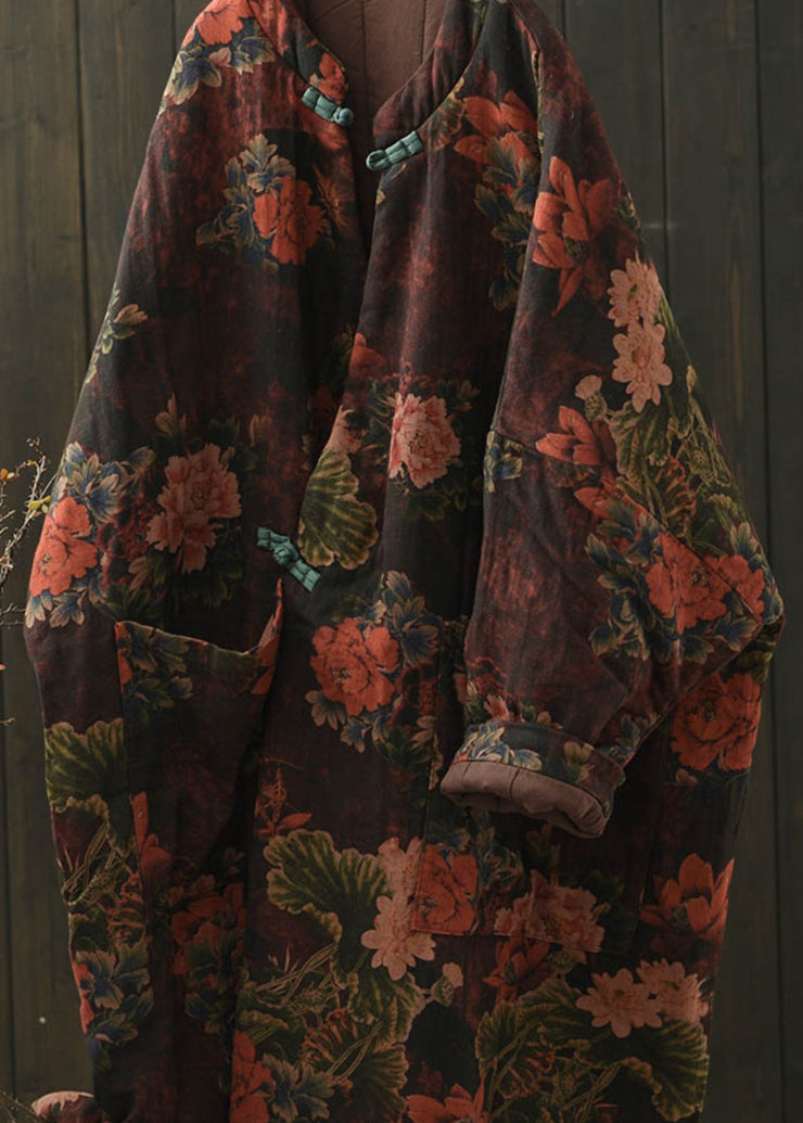 Boho Red Pockets Print Oriental Button Fine Cotton Filled Coat Winter