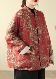 Boho Red Print Chinese Button Fine Cotton Filled Parka Winter