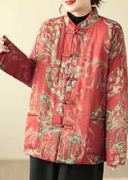 Boho Red Print Chinese Button Fine Cotton Filled Parka Winter