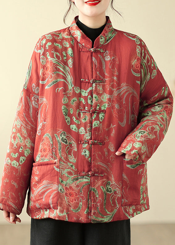 Boho Red Print Chinese Button Fine Cotton Filled Parka Winter