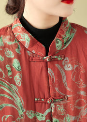 Boho Red Print Chinese Button Fine Cotton Filled Parka Winter