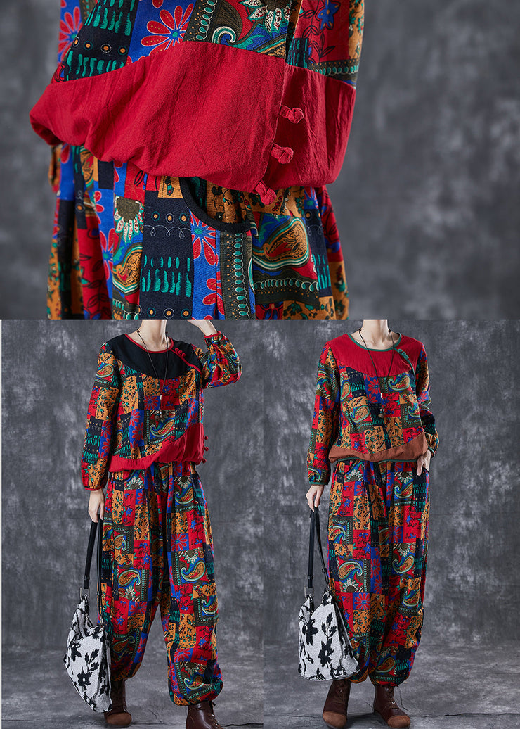 Boho Red Print Patchwork Cotton Women Two-Piece Set Fall