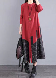 Boho Red Print Pockets Patchwork Cotton Long Dresses Fall