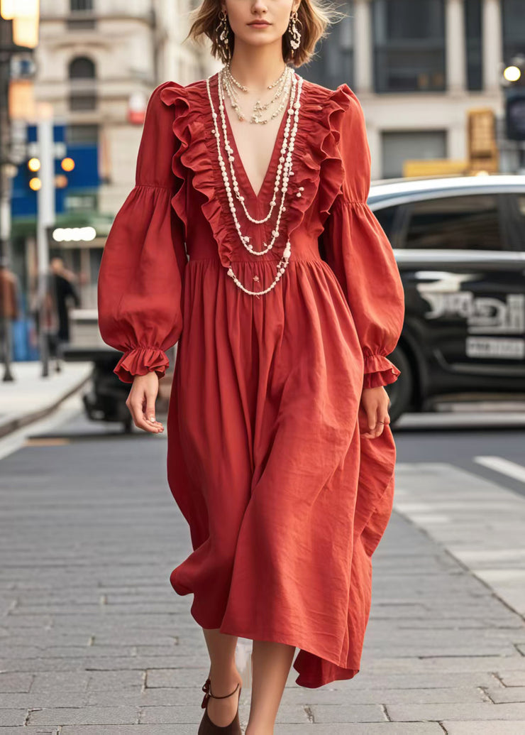 Boho Red Ruffled Cotton Maxi Dress Spring