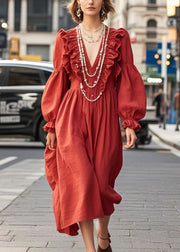 Boho Red Ruffled Cotton Maxi Dress Spring