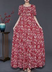 Boho Red Ruffled Print Exra Large Hem Cotton Holiday Dress Summer