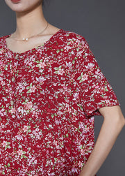 Boho Red Ruffled Print Exra Large Hem Cotton Holiday Dress Summer