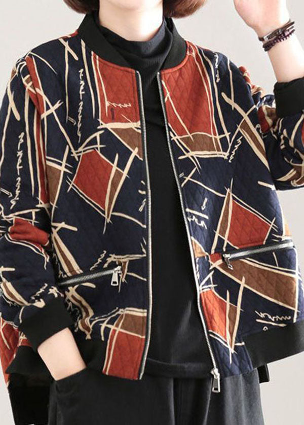 Boho Red Stand Collar Pockets Print Fine Cotton Filled Witner Coat