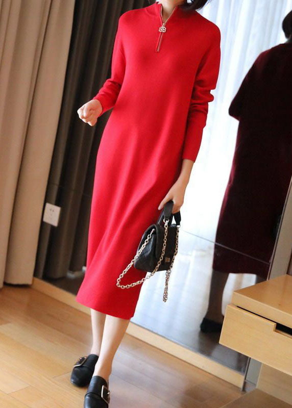 Boho Red Stand Collar Zip Up Knit Maxi Dresses Spring