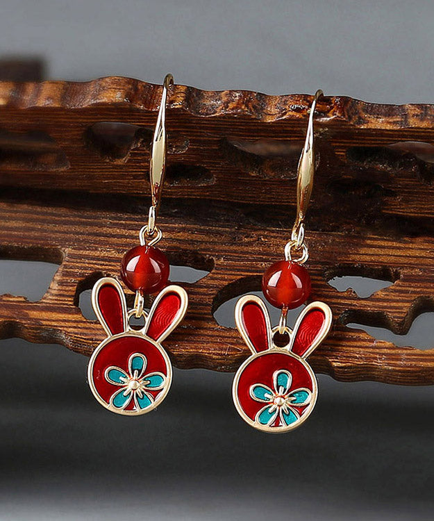 Boho Red Sterling Silver Agate Cloisonne Rabbit Drop Earrings