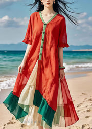 Boho Red V Neck Patchwork Cotton Beach Dress Summer