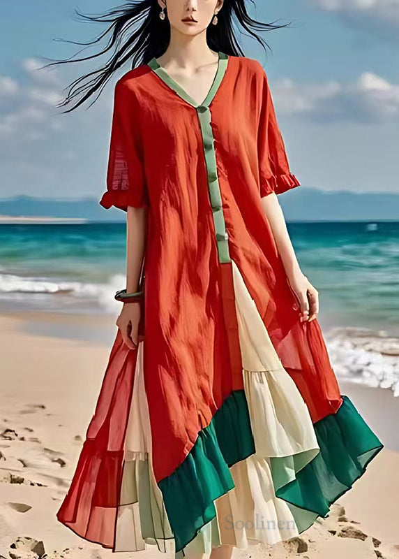 Boho Red V Neck Patchwork Cotton Beach Dress Summer